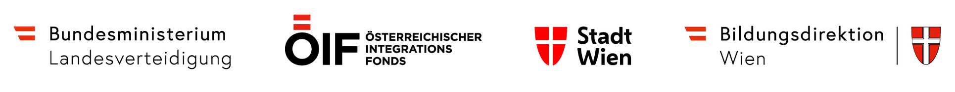 Logo-Designs von verschiedenen Institutionen: Bundesministerium für Landesverteidigung, OIF, Stadt Wien und Bildungsdirektion Wien.